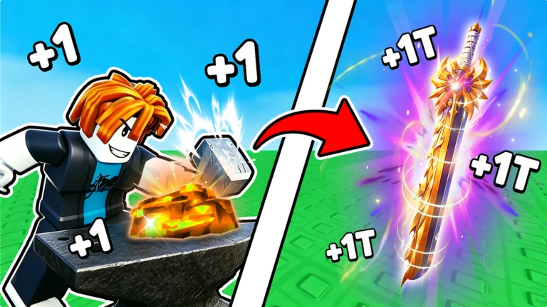 Official +1 Loot To Forge artwork: a Roblox character hammers glowing ore beside a golden sword